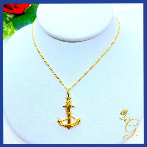 18K Real Gold Anchor Necklace 18”